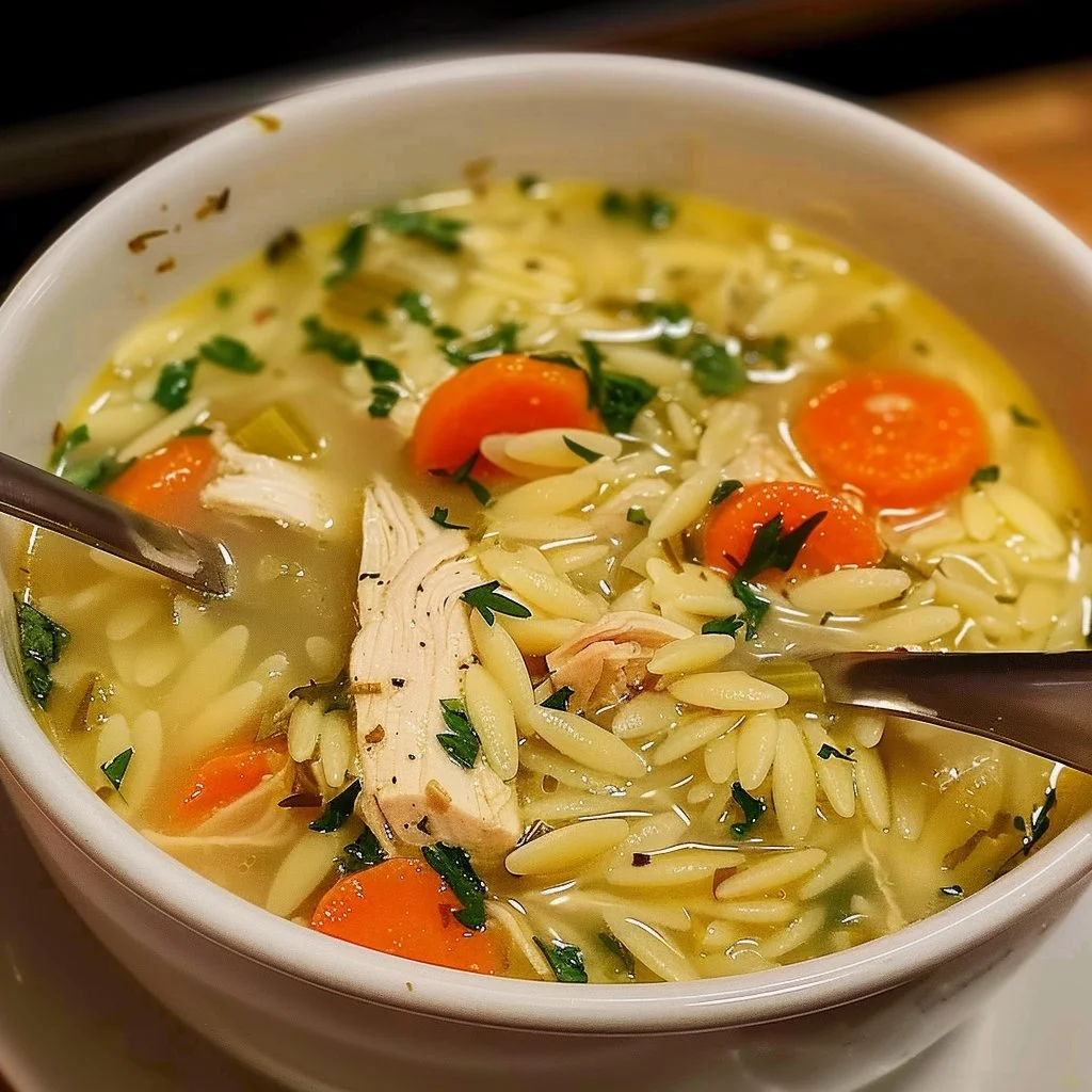 Bowl of Lemon Chicken Orzo Soup garnished with fresh herbs