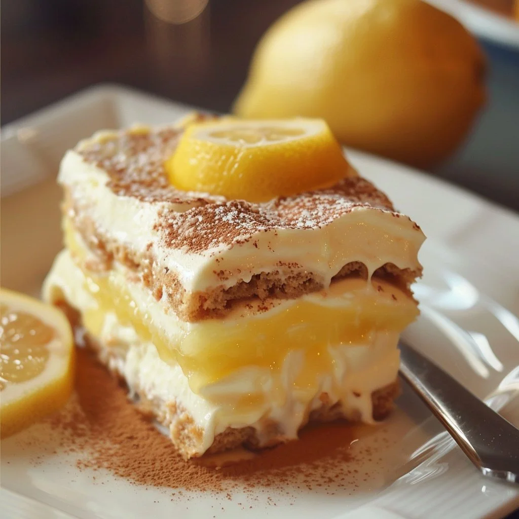 Delicious Lemon Tiramisu dessert layered with lemon cream and coffee-soaked biscuits