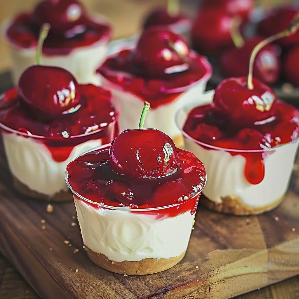 Low carb cherry cheesecake cups displayed on a dessert table