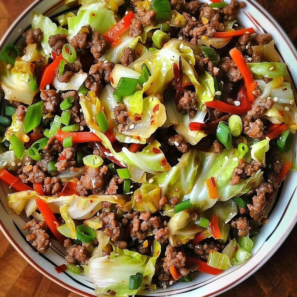 Mongolian Ground Beef Cabbage Stir Fry served in a colorful dish