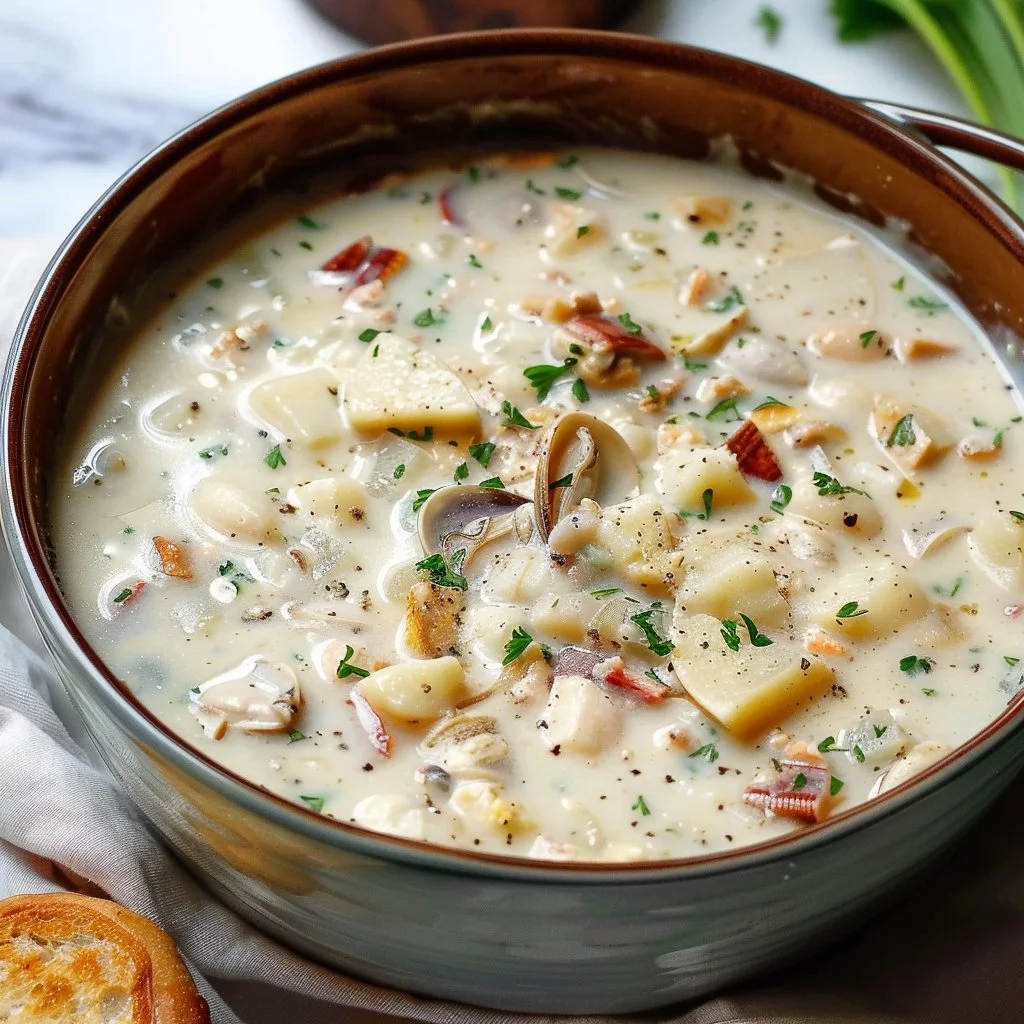 Bowl of New England Clam Chowder served with crackers and parsley garnish
