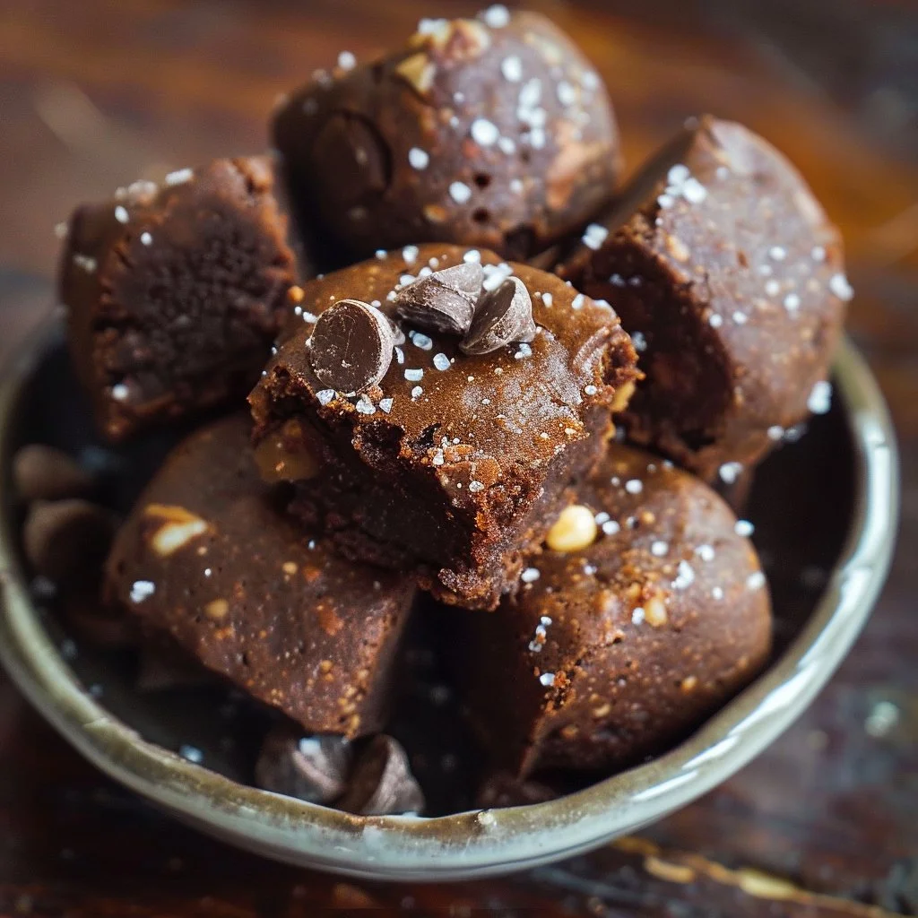 Delicious no bake brownie bites arranged on a plate.