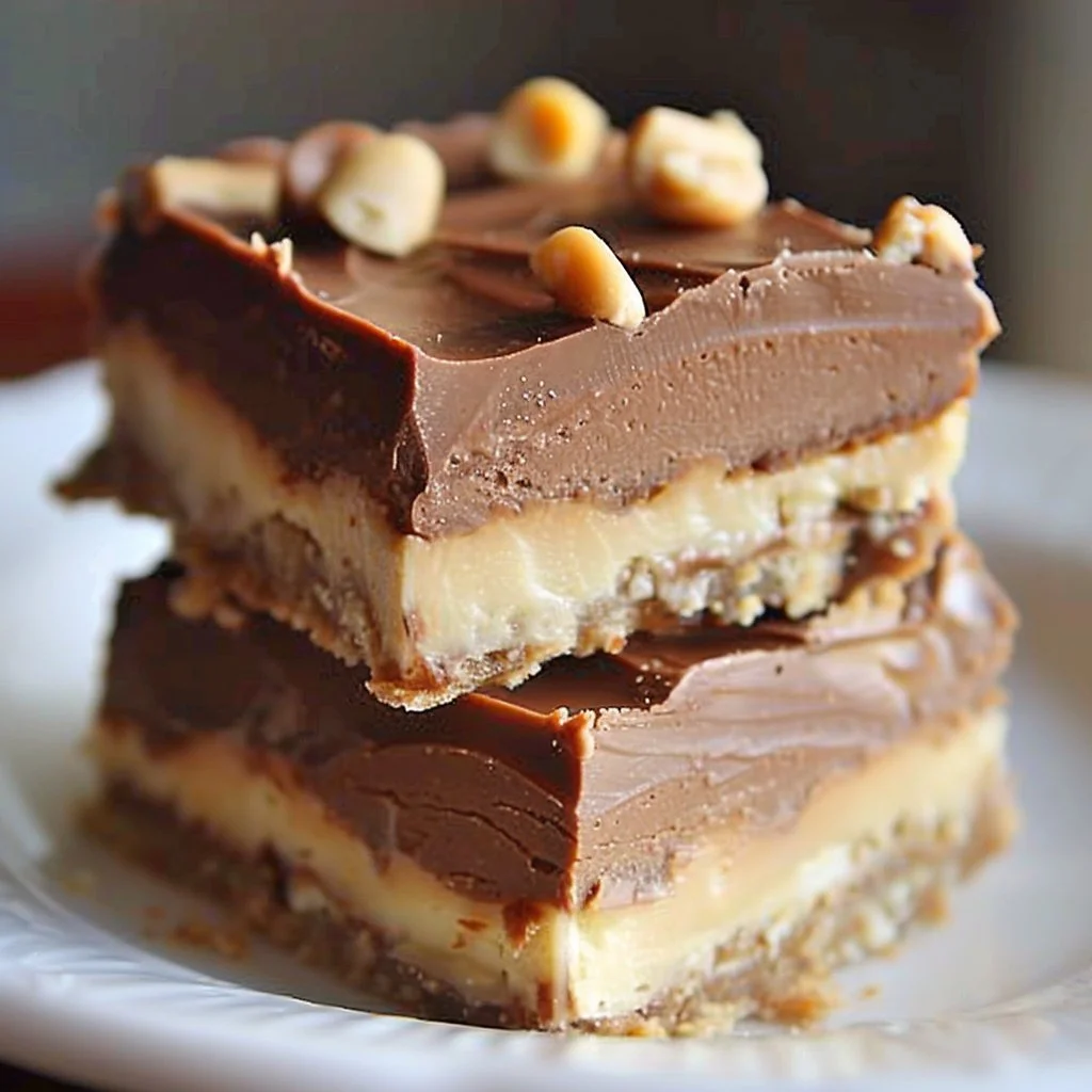 Delicious No Bake Chocolate Cheesecake Bars topped with chocolate ganache.