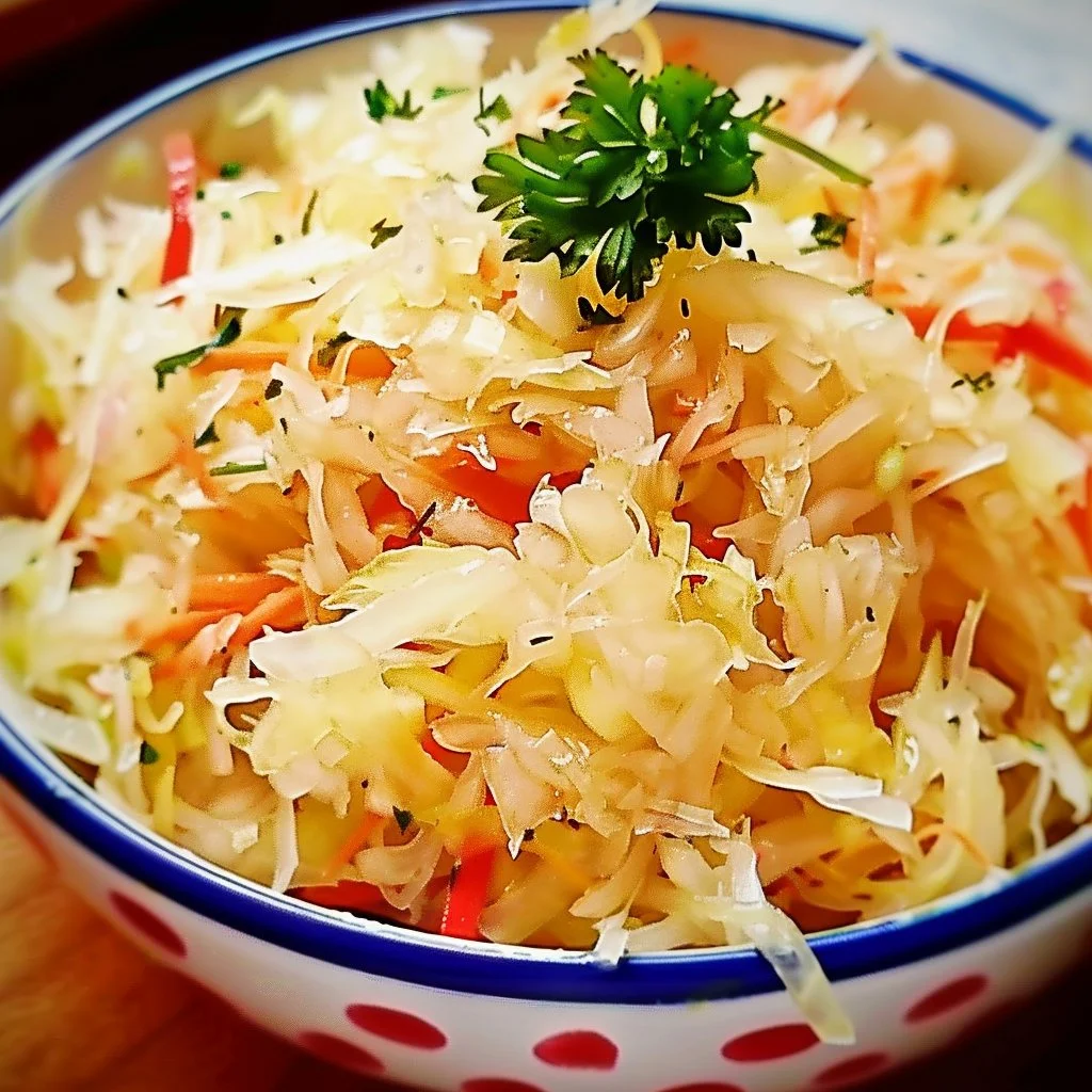Old Fashioned Sauerkraut Salad recipe with fresh ingredients and vibrant color.