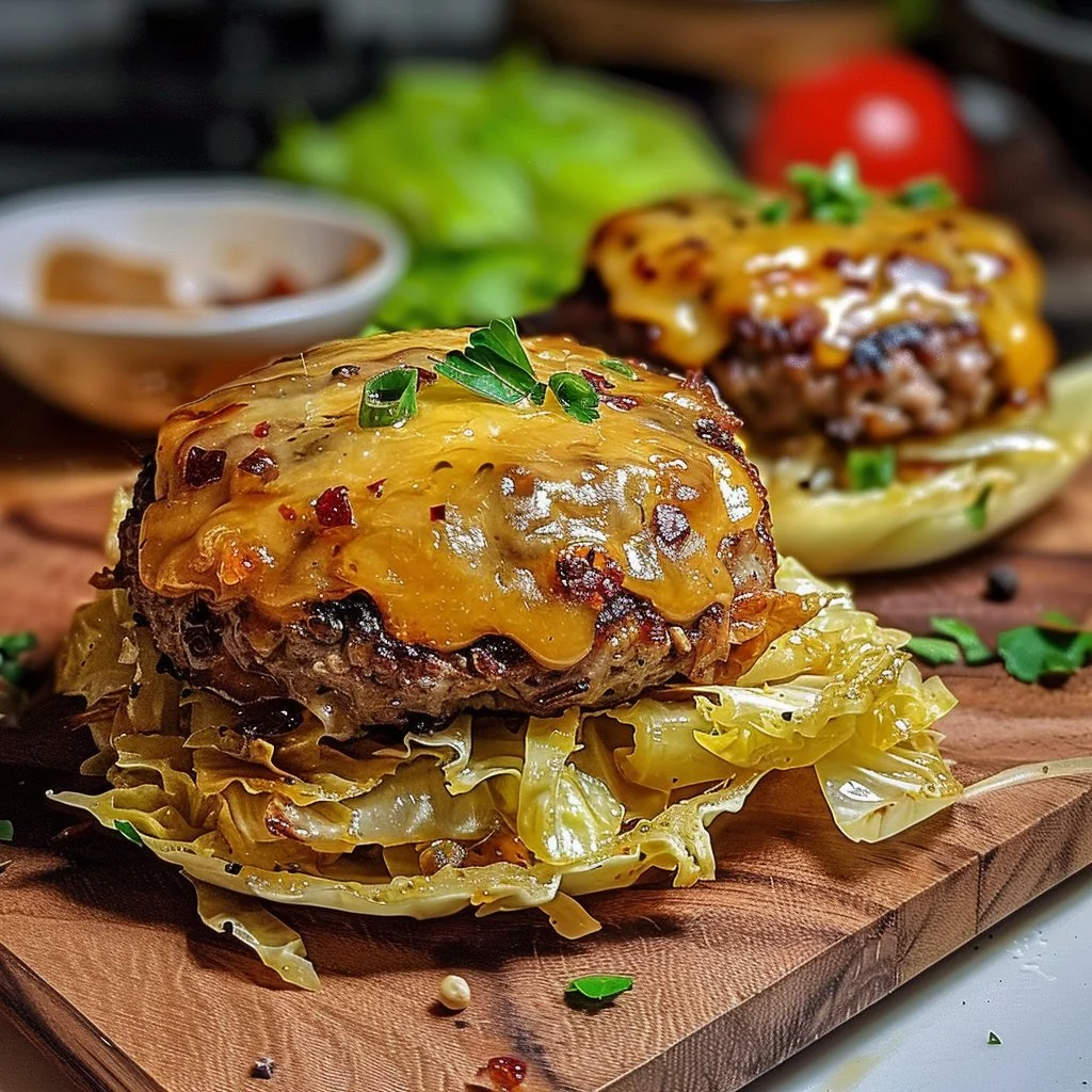 Oven-baked cabbage burgers topped with fresh ingredients on a plate