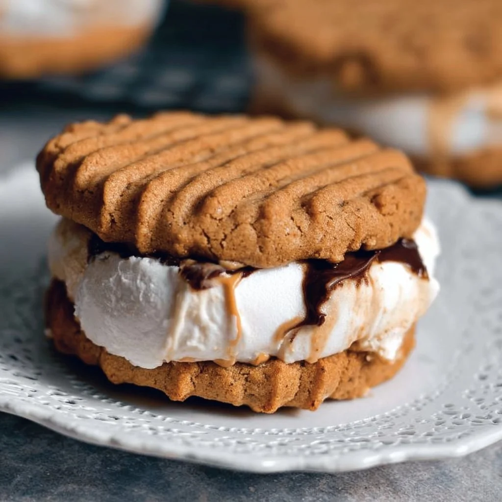 Peanut butter cookie ice cream sandwich drizzled with chocolate sauce