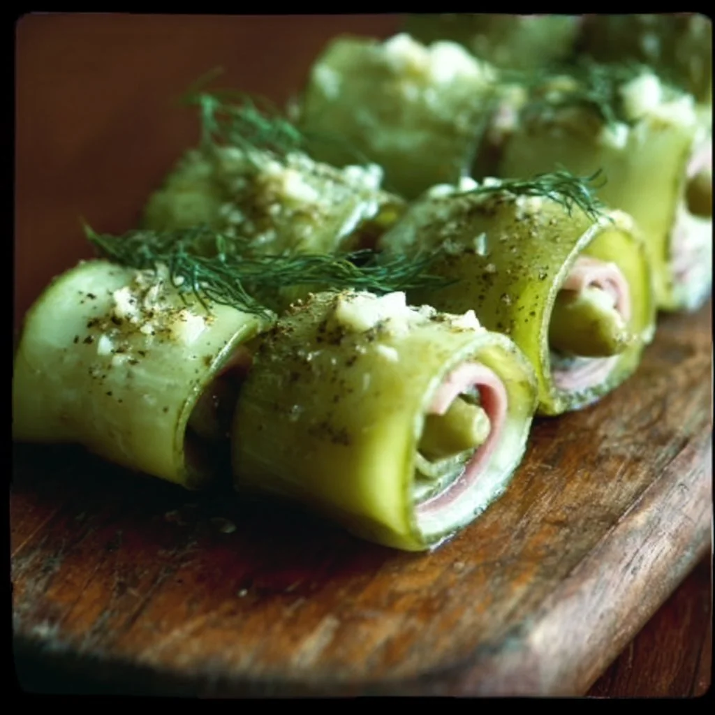 Plate of delicious Pickle Roll-Ups with cream cheese and pickles.