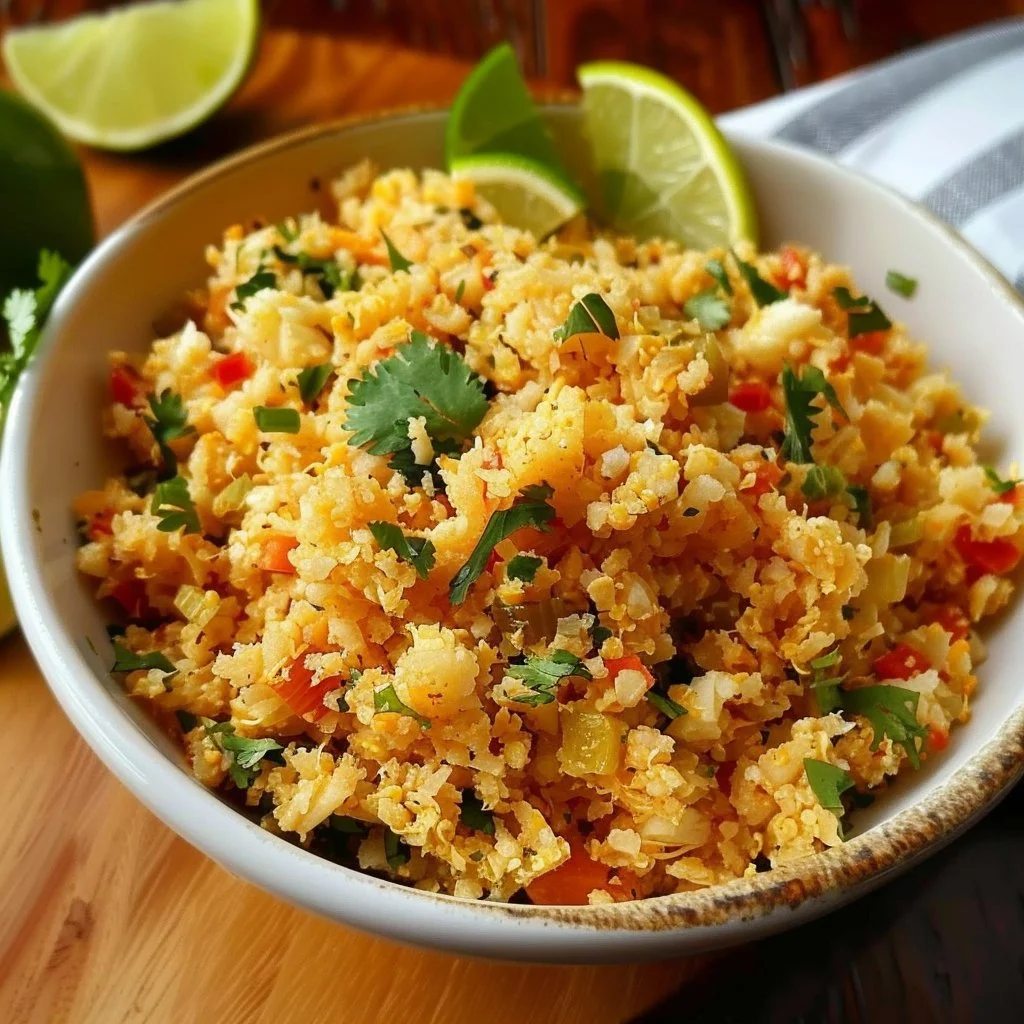 Bowl of quick and easy Mexican Cauliflower Rice with fresh ingredients