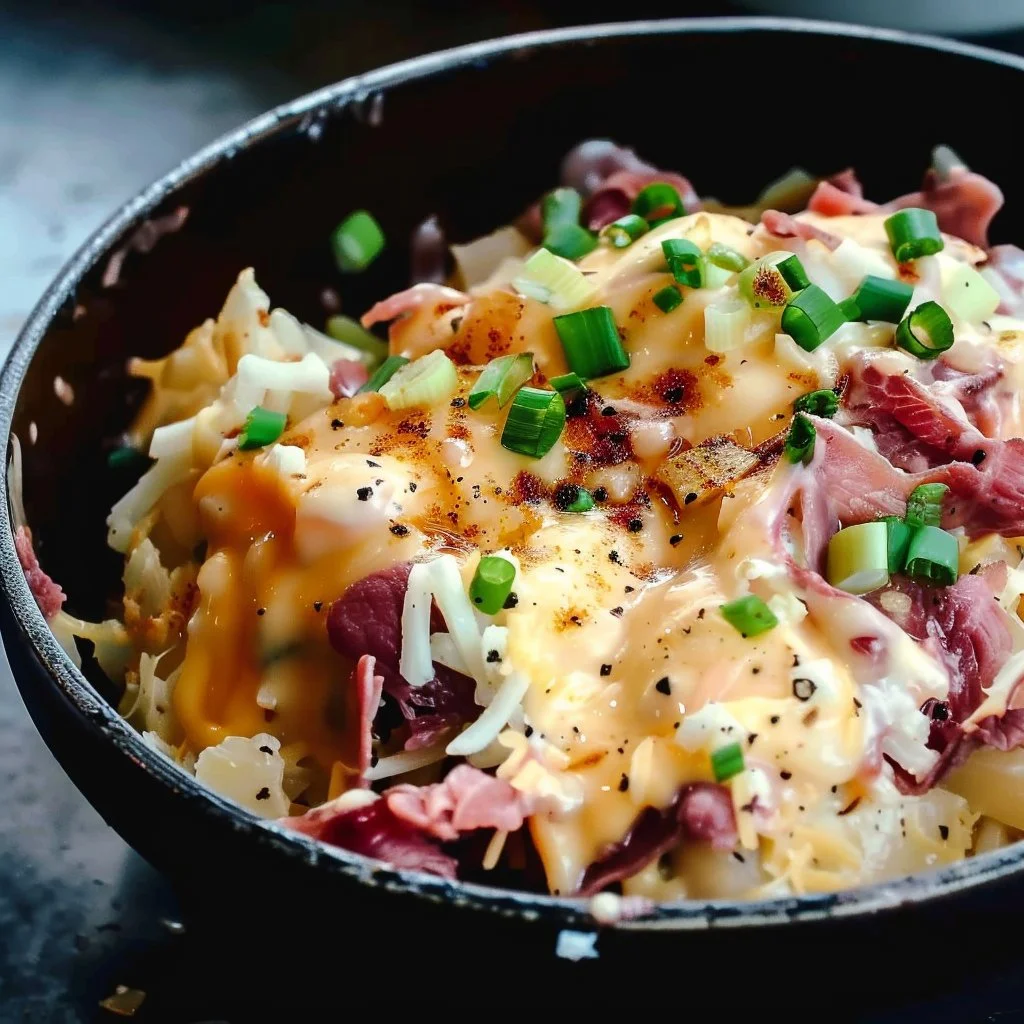 Delicious Reuben bowls with corned beef, sauerkraut, and Swiss cheese