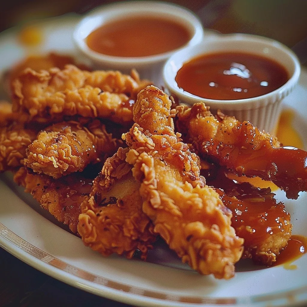 Raising Cane's crispy chicken strips served with Cane's dipping sauce