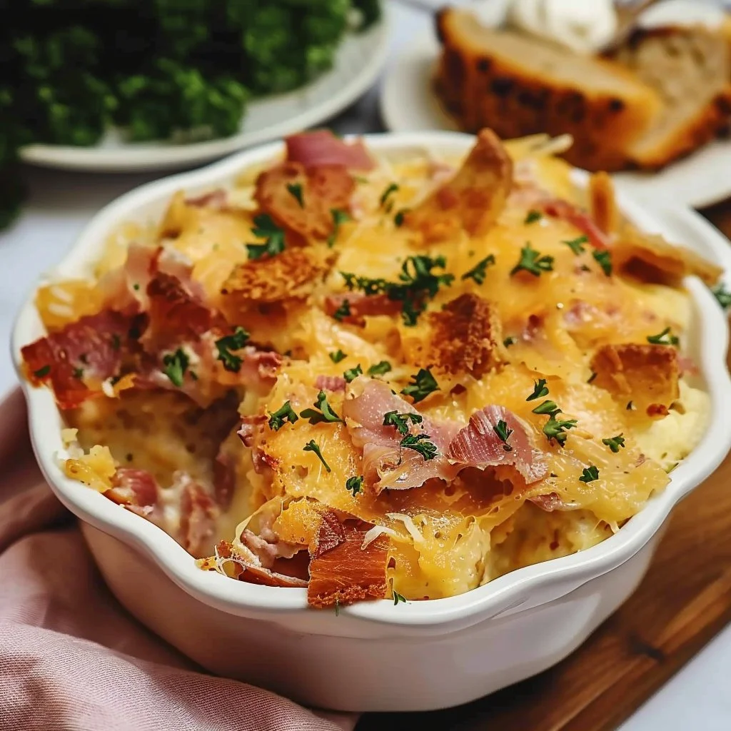 Savory Keto Reuben pudding served in a bowl with a garnish