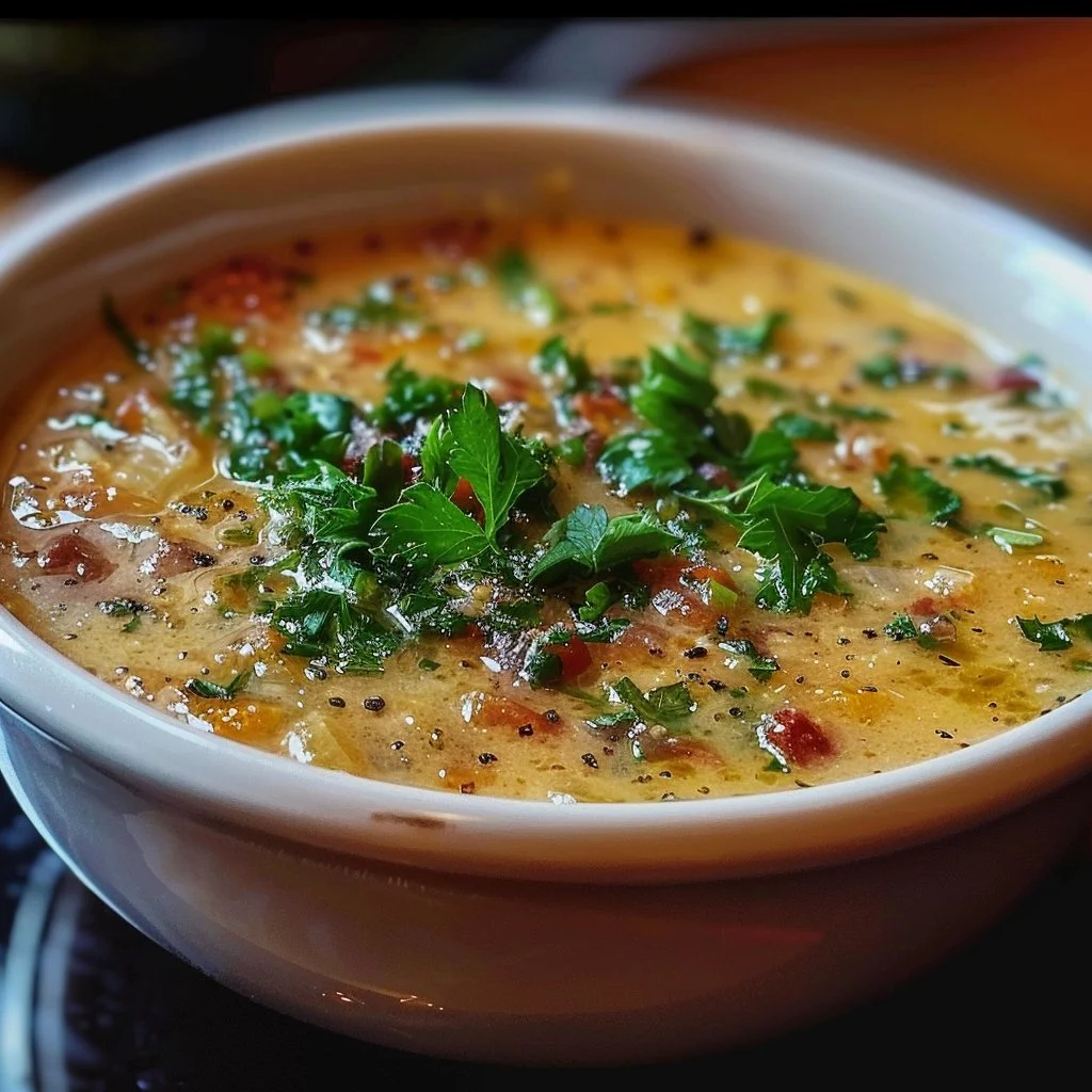 Bowl of savory million dollar soup garnished with herbs and vegetables
