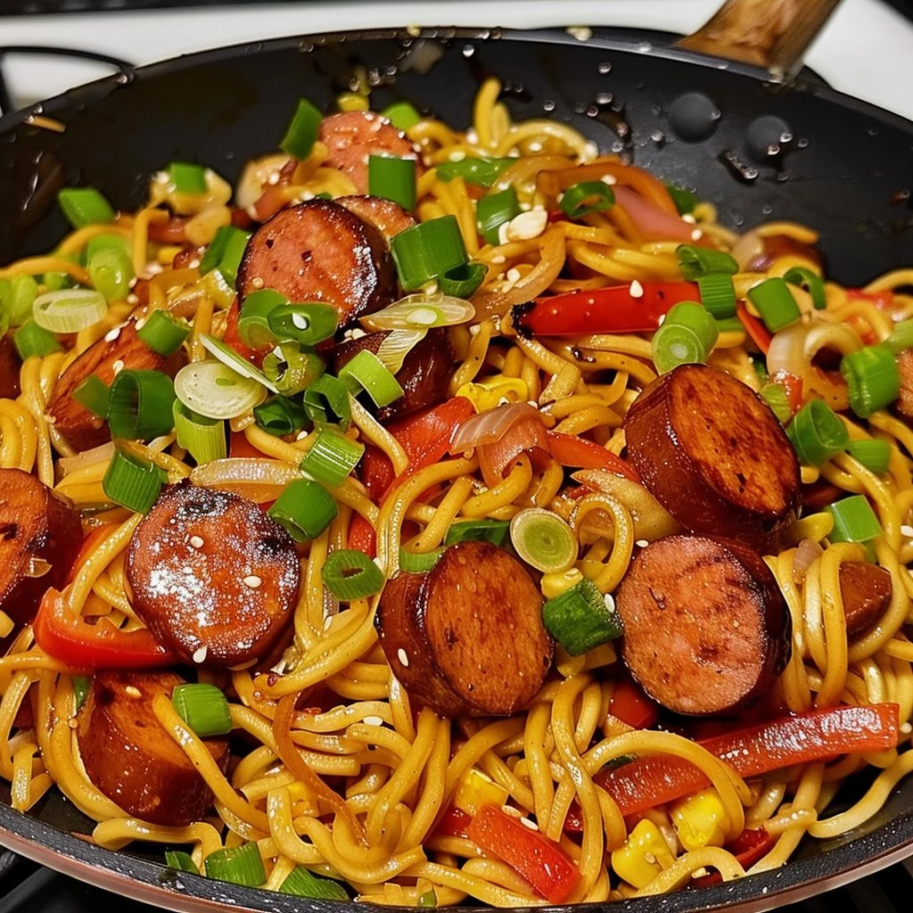 Skillet Sausage Lo Mein dish with colorful vegetables and noodles