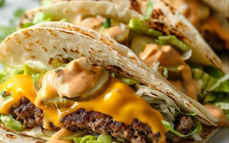 A delicious plate of smash burger tacos with toppings and condiments.