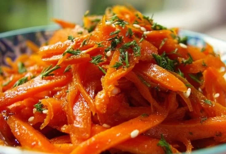 Spicy Korean carrots served in a bowl, garnished with sesame seeds and herbs.