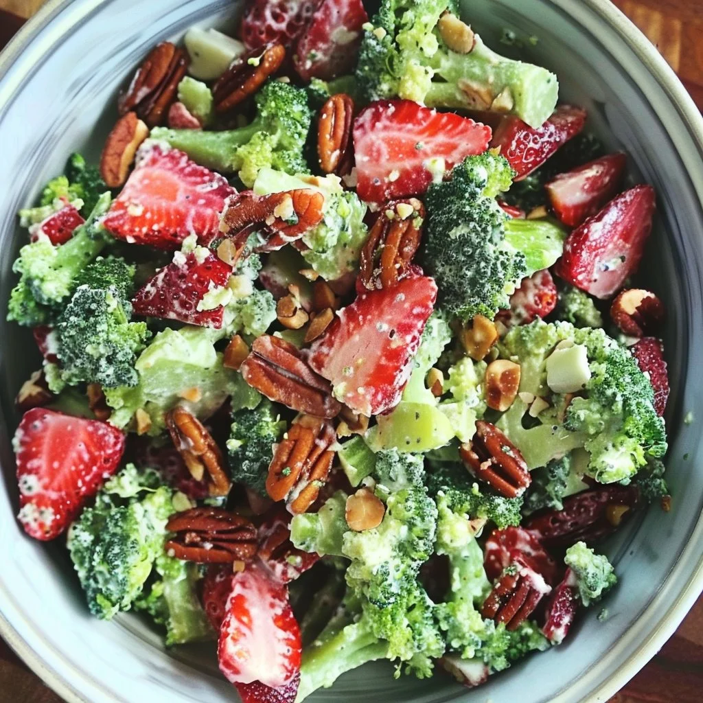 Strawberry Pecan Broccoli Salad with vibrant colors and fresh ingredients