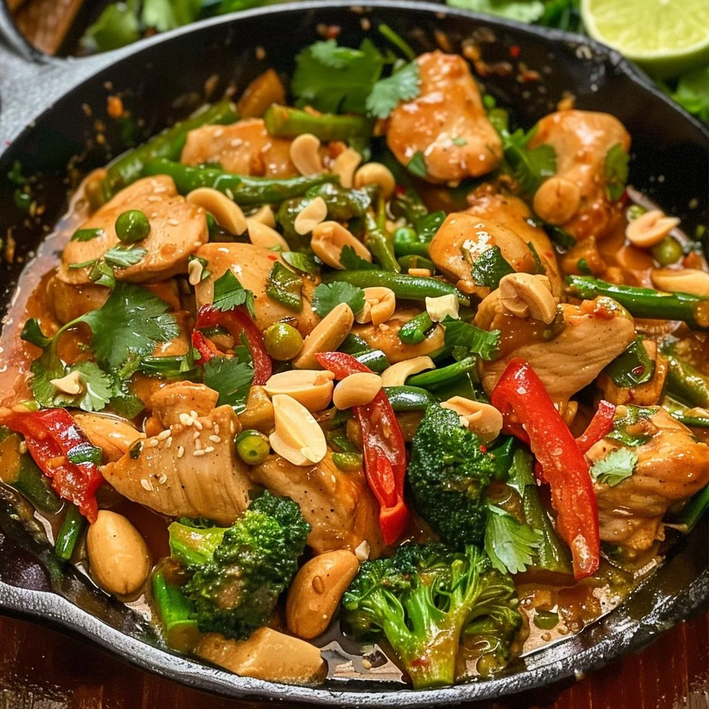 Thai Peanut Chicken Skillet served with fresh vegetables and herbs
