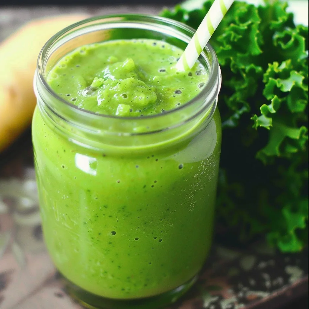 Fresh green detox smoothie with spinach, kale, and fruit in a glass