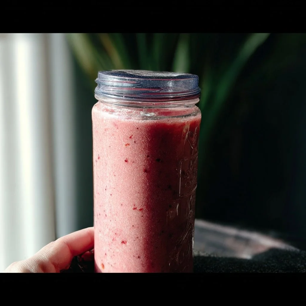 2-Ingredient frozen fruit smoothie in a glass with fresh fruits and a straw