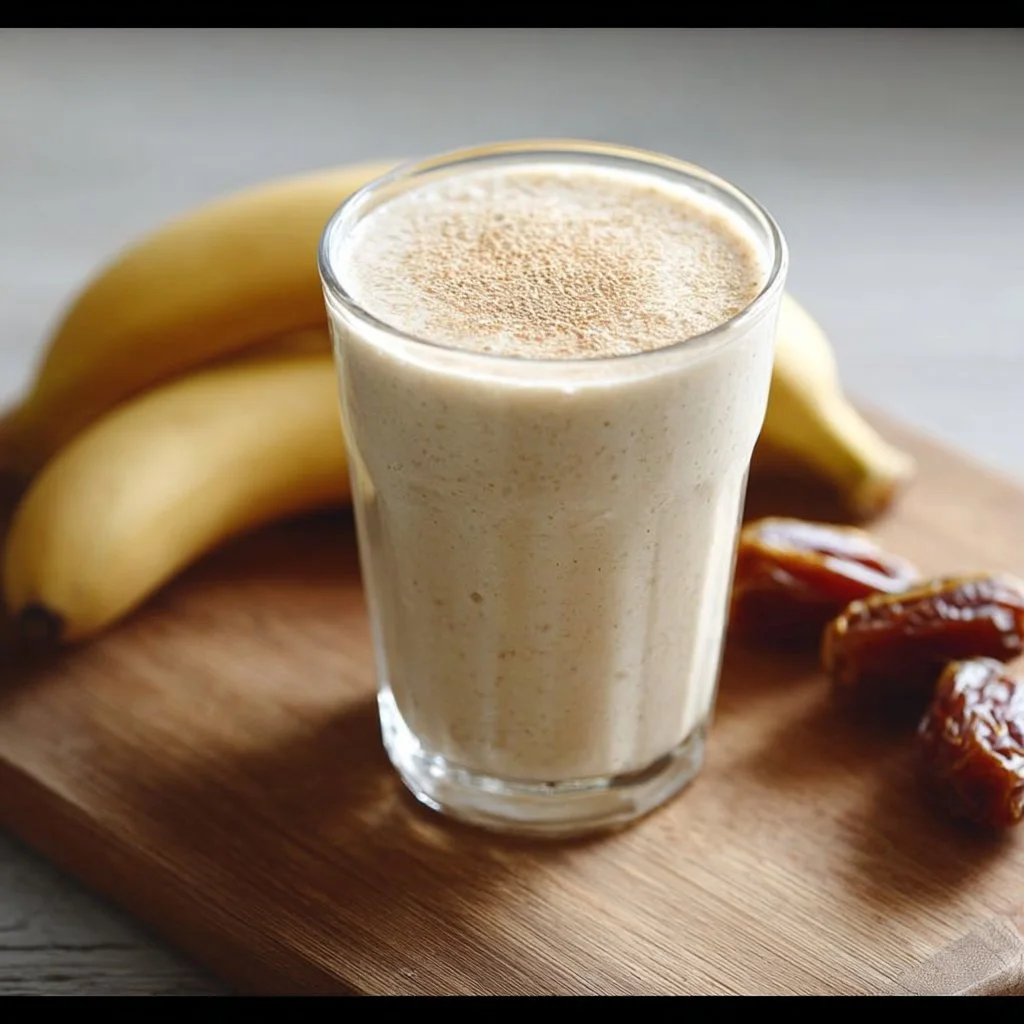 Homemade Banana Date Protein Shake in a glass, garnished with banana slices.