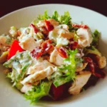 A bowl of BLT Chicken Salad featuring lettuce, tomatoes, bacon, and grilled chicken