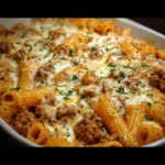Cheesy baked rigatoni with ground beef, topped with melted cheese in a baking dish