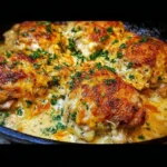 Cheesy Oven Baked Ranch Chicken Thighs served on a plate with a side of vegetables.