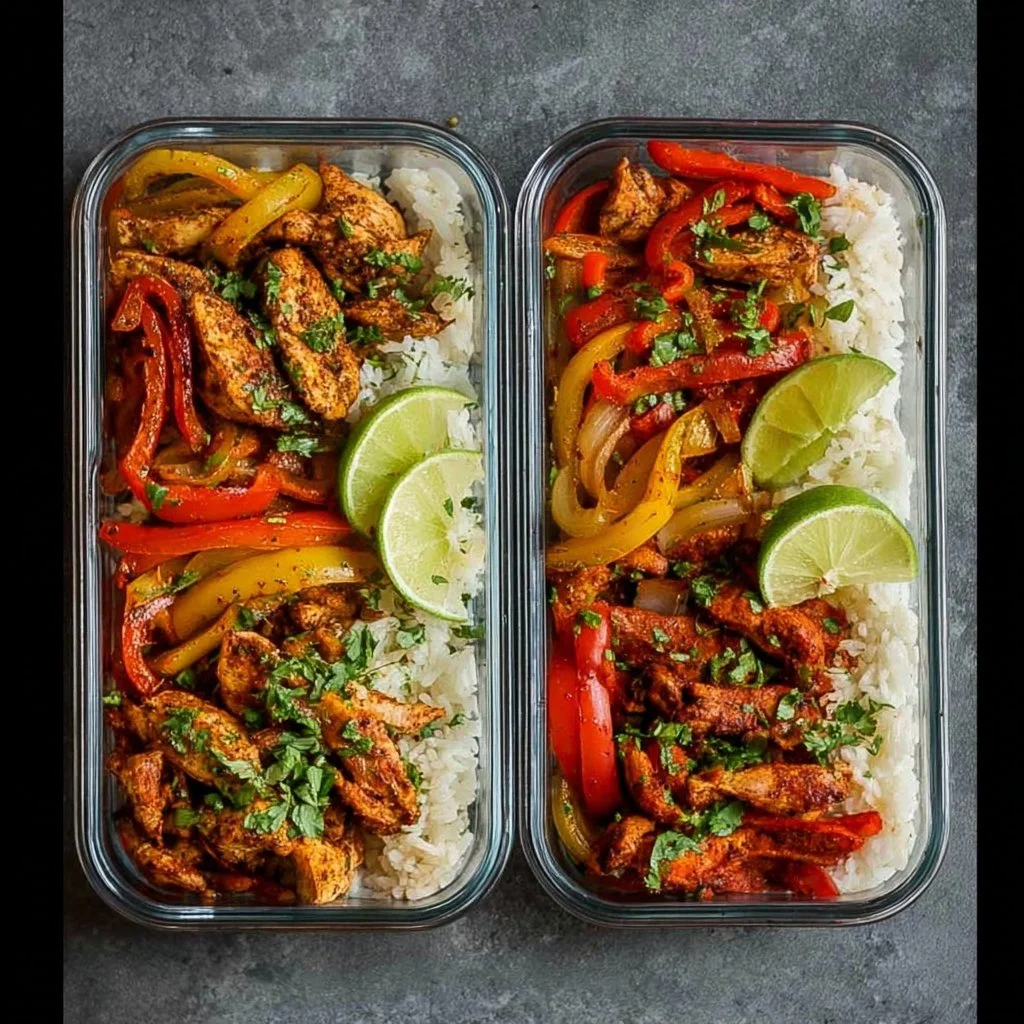 Chicken fajita meal prep bowls with vibrant vegetables and spices