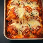 Delicious Chicken Nugget Parmesan Bake topped with cheese and marinara sauce.