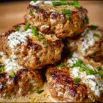 Creamy feta ground beef patties served with fresh herbs and vegetables.