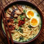 Creamy Garlic Chicken Ramen in a bowl, garnished with green onions and herbs