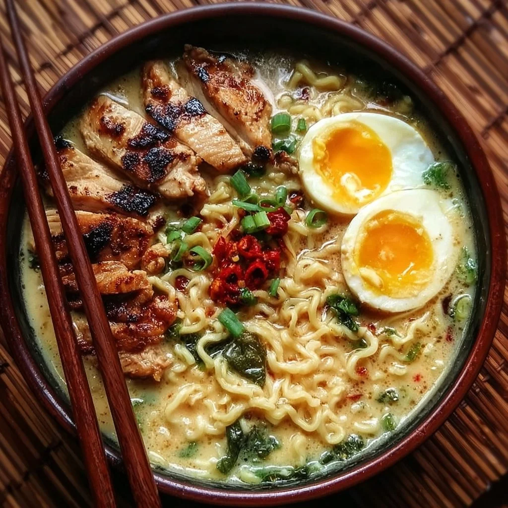 Creamy Garlic Chicken Ramen in a bowl, garnished with green onions and herbs