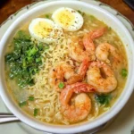 Creamy homemade ramen with shrimp in a bowl garnished with green onions