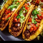 Crispy baked ground beef tacos, grain-free and dairy-free, served on a plate