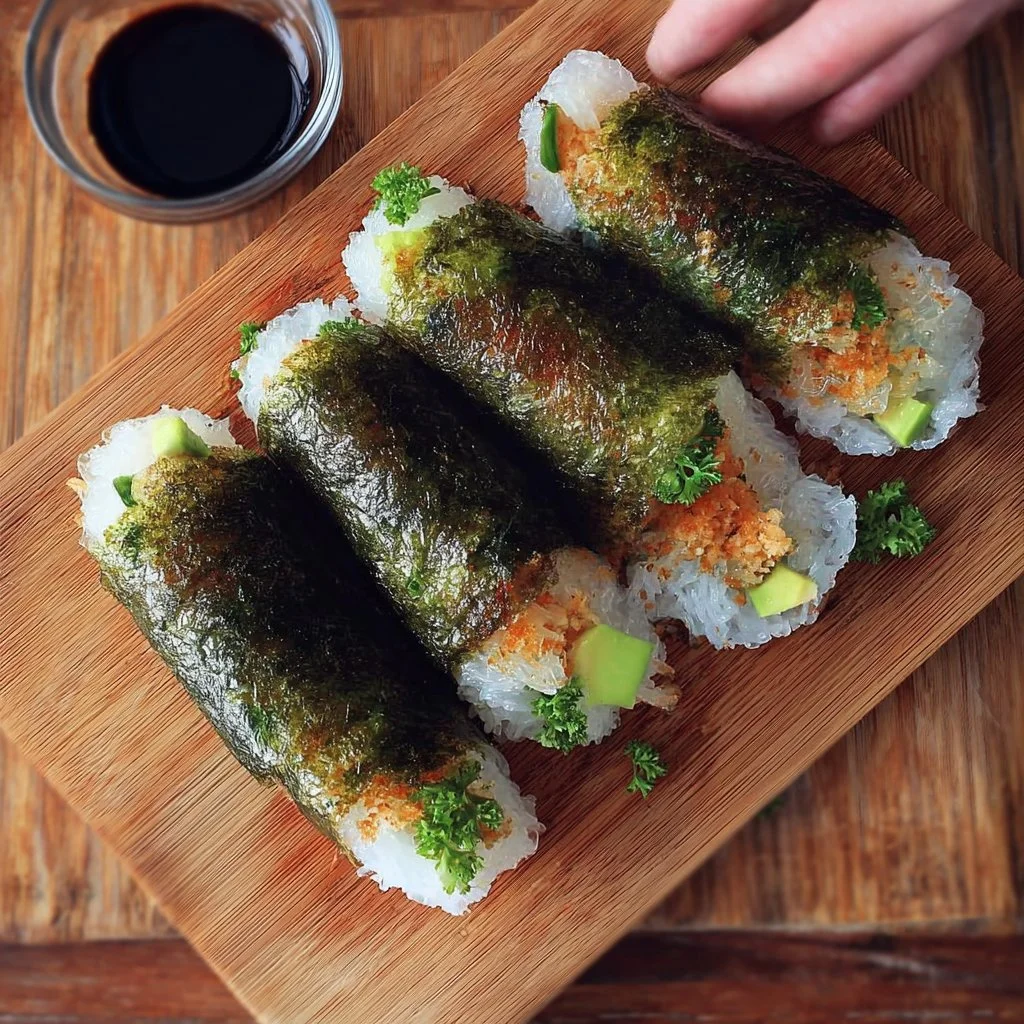 Crispy rice paper sushi rolls filled with fresh vegetables and seafood