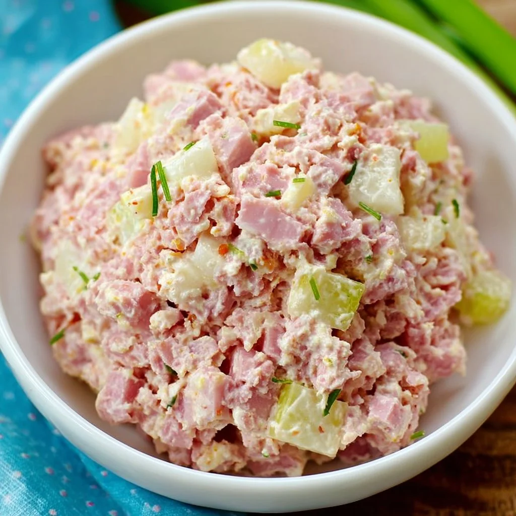 Delicious deviled ham salad in a serving bowl garnished with herbs