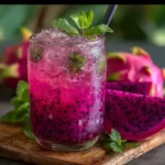 Delicious Dragon Fruit Juice Mojito served in a glass with fresh mint leaves.