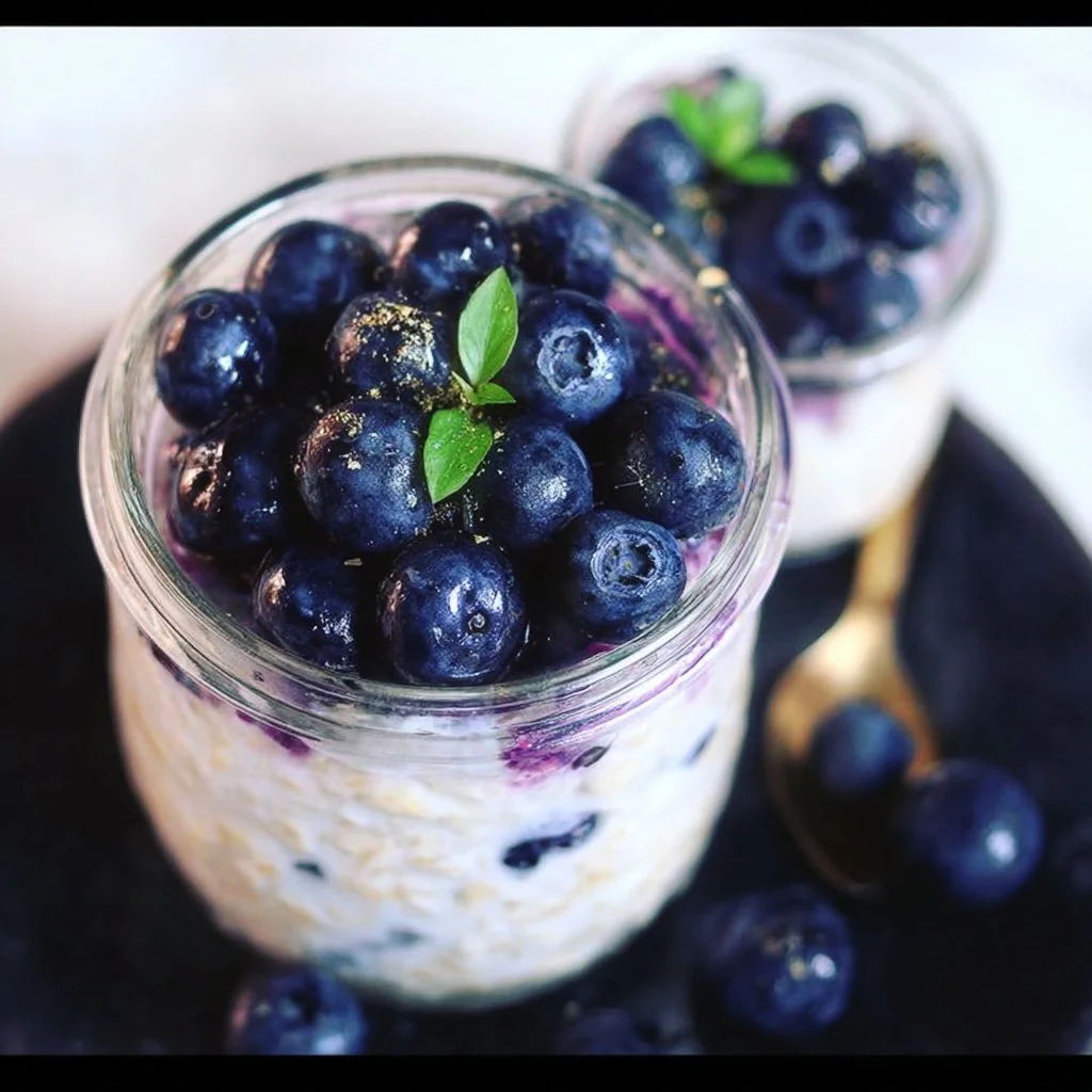 Bowl of easy blueberry overnight oats topped with fresh blueberries and almonds