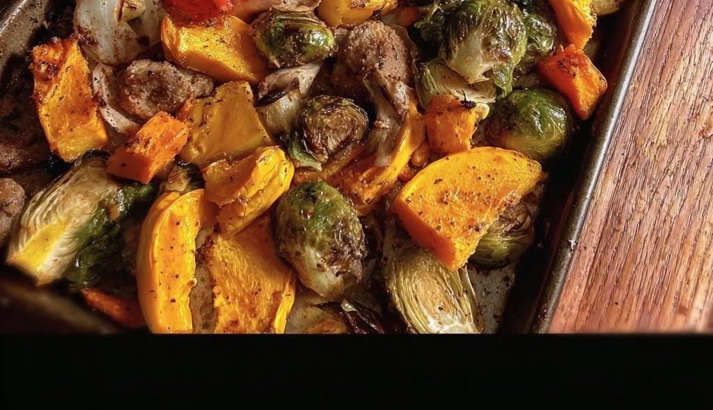 Colorful fall sheet pan meal with roasted vegetables and chicken