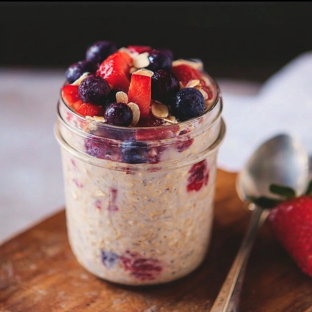 Delicious mixed berry overnight oats in a bowl topped with fresh berries.