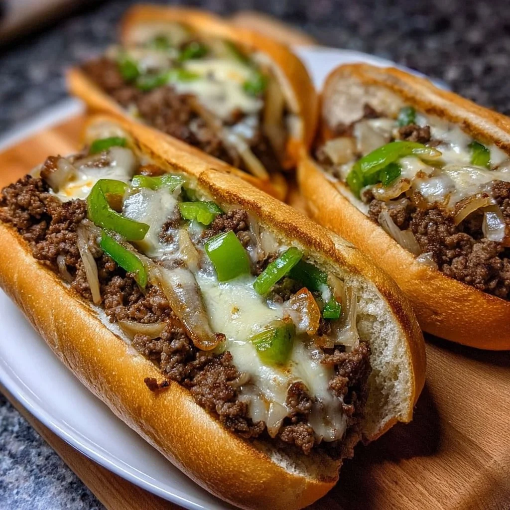 Ground Beef Philly Cheesesteaks with melted cheese and fresh toppings