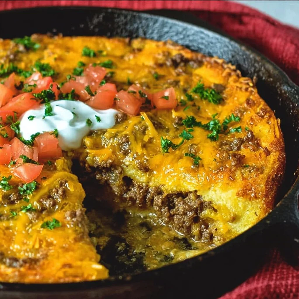 Delicious Ground Beef Skillet Taco Pie served in a skillet