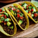 Ground beef tacos topped with fresh tomato-avocado salsa on a plate.