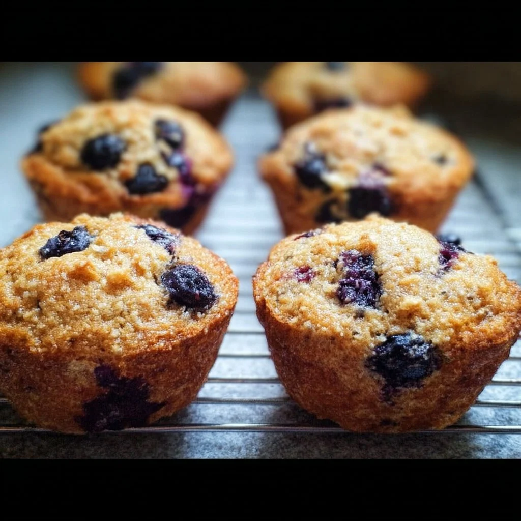 Healthy blueberry muffins fresh out of the oven, bursting with blueberries.