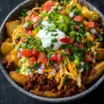 Delicious Loaded Potato Taco Bowl topped with fresh ingredients