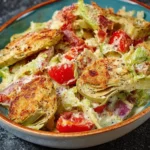 Low carb chopped Italian salad topped with crispy artichokes on a plate