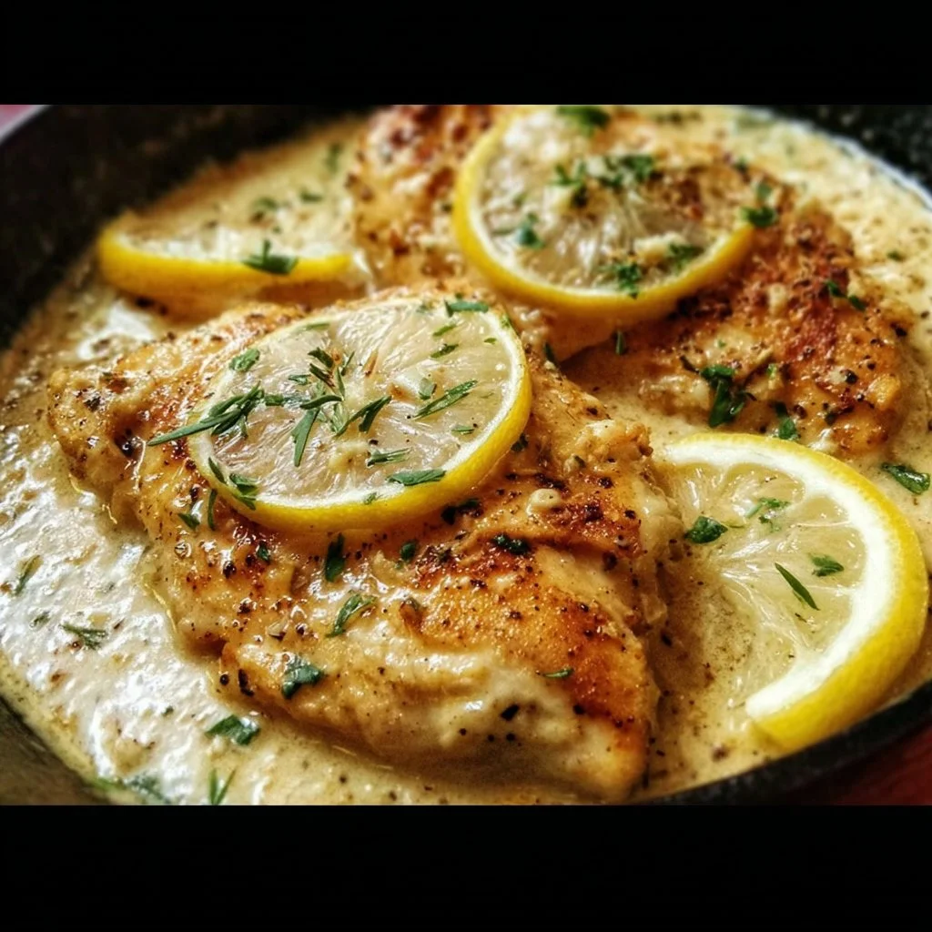 One Skillet Chicken with Lemon Garlic Cream Sauce served in a cast iron skillet