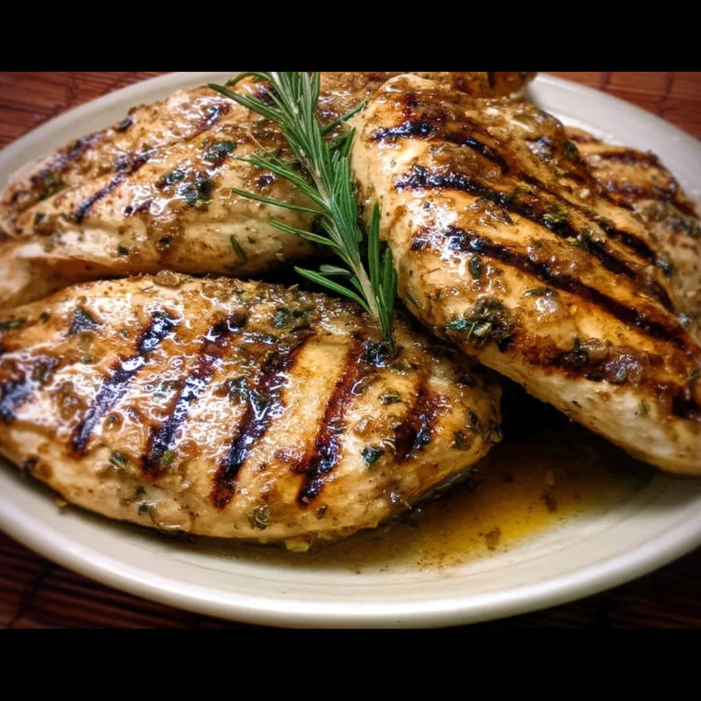 Perfectly grilled chicken breasts with lemon, garlic, and herbs on a plate.