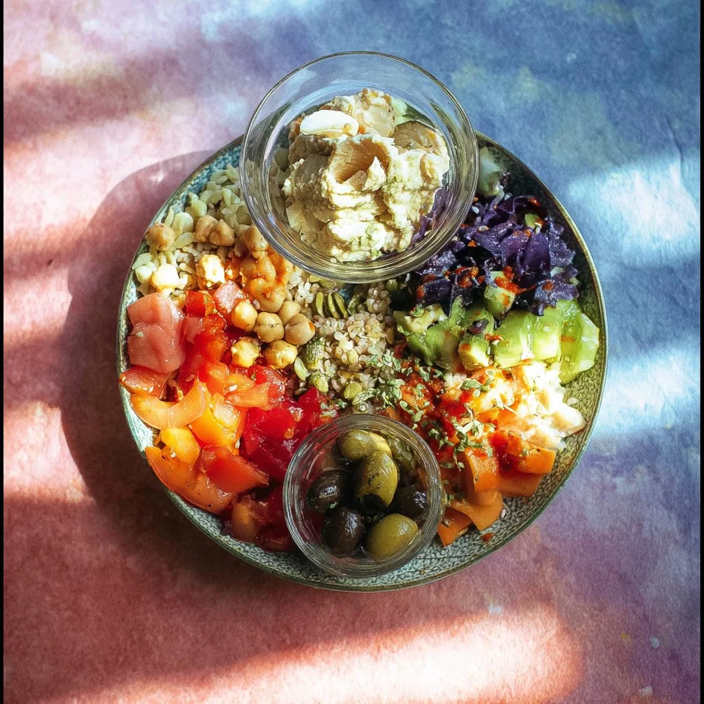 Colorful Rainbow Power Bowls filled with fresh fruits and vegetables for a healthy meal.