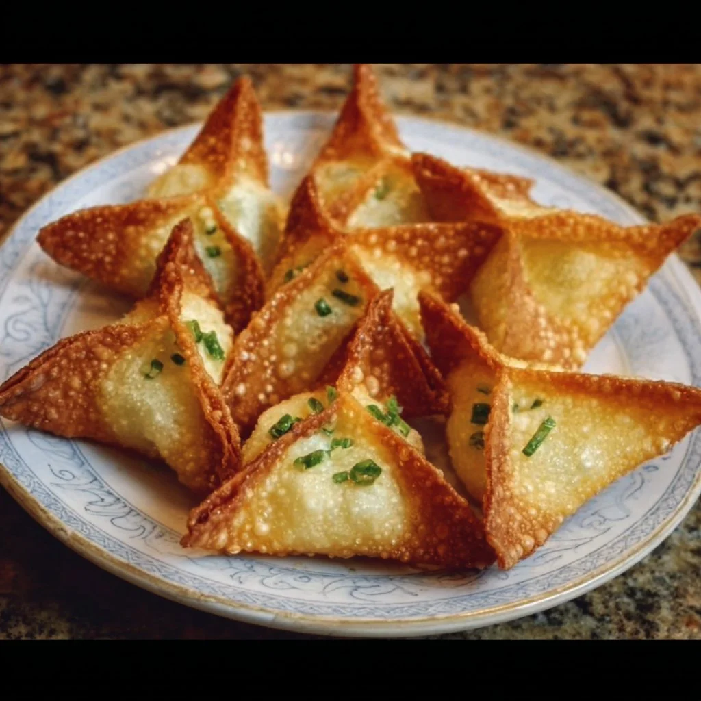 Delicious rice paper crab rangoons served with dipping sauce.